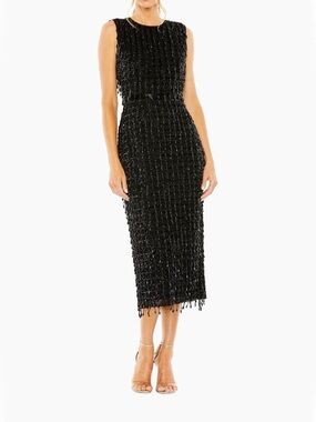 Mac Duggal Black Beaded Midi Dress